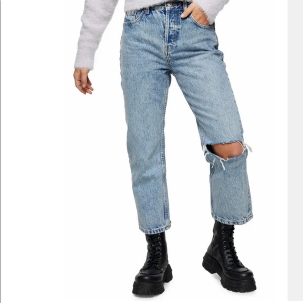 TopShop Light Wash Distressed Straight Leg Jeans